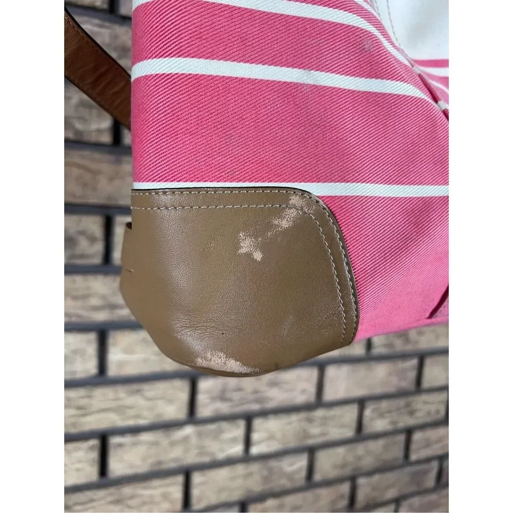 Coach Hadley Variegated‎ Coral & Beige Striped Canvas Leather Tote Shoulder Bag